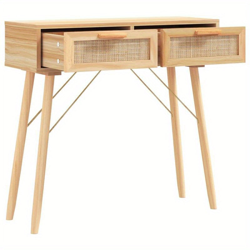 Consolentafel – Sidetable – Halmeubel – Wandtafel – Opbergmeubel – Massief Eikenhout & Natuurlijk Rotan – 2 Laden & Ruimtebesparend – 80x30x75 cm – Rustiek Modern