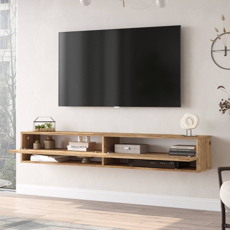 tv-meubel – tv-kast – lowboard – zwevend meubel – hangend tv-meubel – rustiek eiken – met 2 open vakken – MDF melamine coating