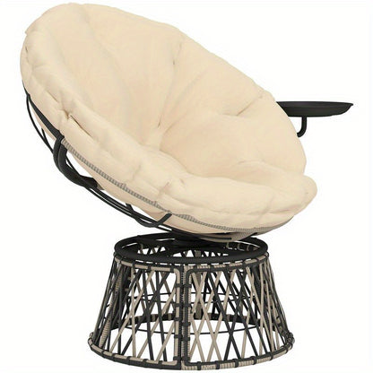 360° Draaibare Papasan Stoel – Rotatiesstoel – Lounge Stoel – Wicker Stoel – Relaxstoel – Metalen Kunststof Frame – Pluche Kussen – Beige Rotan Look – 90 cm Rond – Binnen Buiten Gebruik – Direct Klaar Voor Gebruik
