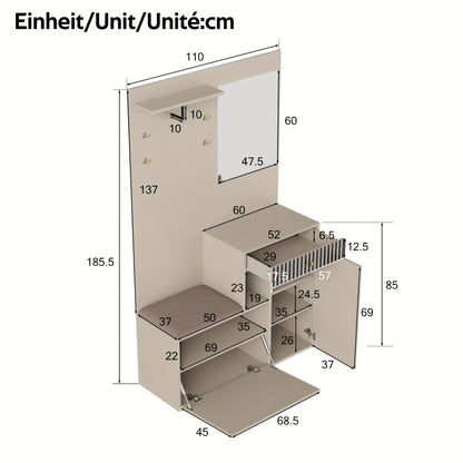 Hal-kast – Halgarderobe – Schoenenkast – Opbergkast – Lampenkast – Bamboe Materiaal – Met Spiegel en Zitbank – 110x185,5x37 cm – Vrijstaand en Ruimtebesparend