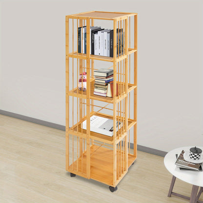 Boekenrek – Boekenkast – Boekenplank – Opbergkast – Vakkenkast – 5 Lagen – Bamboe – Mobiel met Remmen – 132x37x37 cm – Max. 100 kg – Natuurlijk Hout