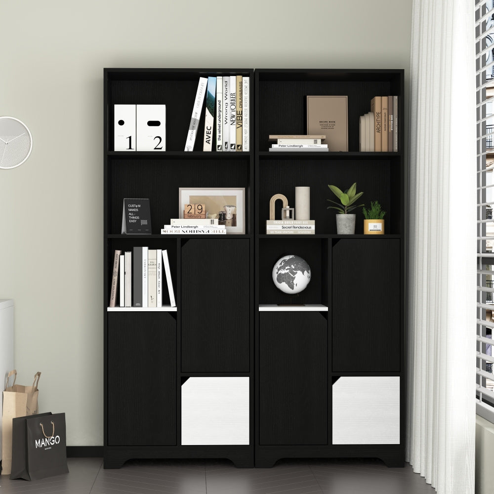 Modern Black & White Multifunctional Bookcase with Open Shelves, Doors & Drawers - Heavy-Duty Metal, No Assembly Required, Space-Saving Shelving Unit for Home Office,, Bedroom - Compact Bookshelf Organizer, Book Shelves, Sing
