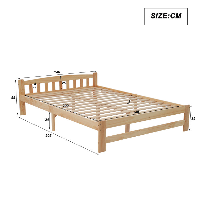 Houten Tweepersoonsbed – Massief Bed – Futonbed – Jeugdbed – Volwassenenbed – Natuurlijk Hout – 140x200 cm – Robuuste Lattenbodem