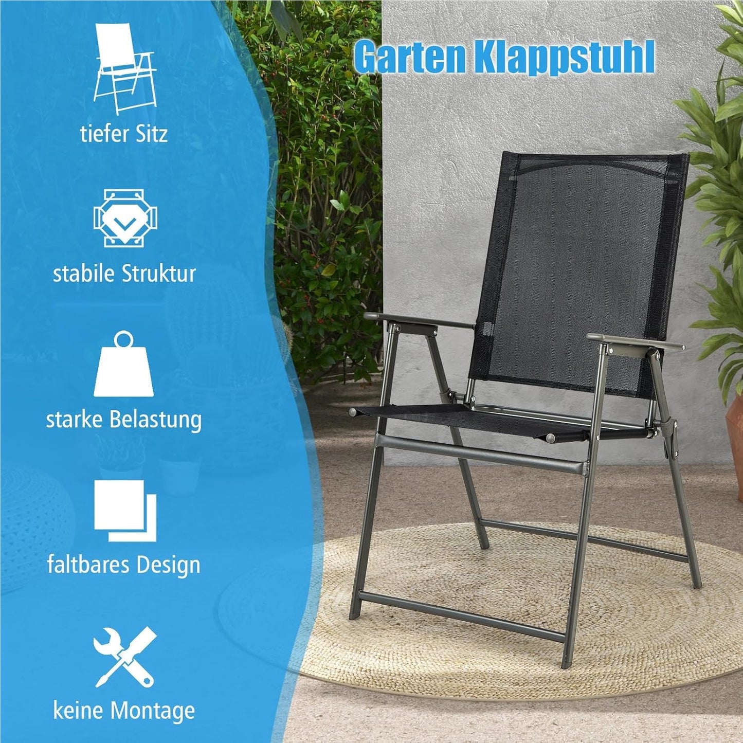 Tuinstoelen – Balkonstoelen – Terrasstoelen – Klapstoelen – Loungestoelen – Weerbestendig Stof – Maximaal 150 kg Draaggewicht – Set van 4 Zwarte Stoelen