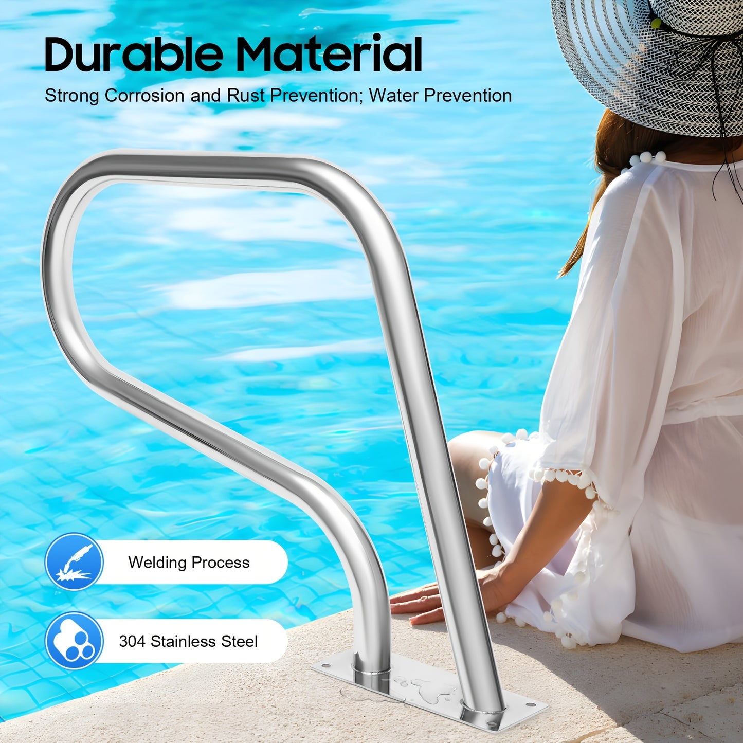 Handrail Zwembad – Zwembadrail – Poolrail – Poolhandgreep – Zwembadbeugel – Roestvrij Staal 304 – Neopreen Antislip Grip – Max 120 kg Belastbaar – Zilver