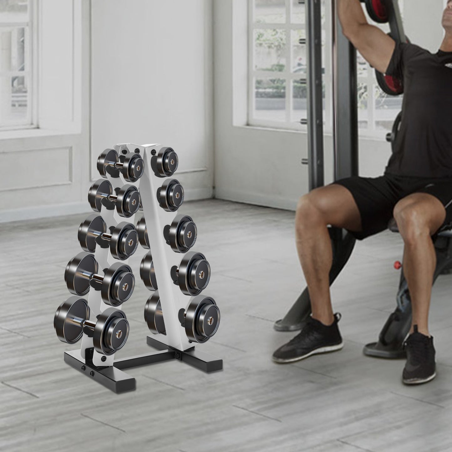 Halterschijfrek – Dumbbell Rek – Gewichtenrek – Schijvenstandaard – Opbergrek – Wit – 5 Laags A-Frame Design – Stijlvol en Ruimtebesparend