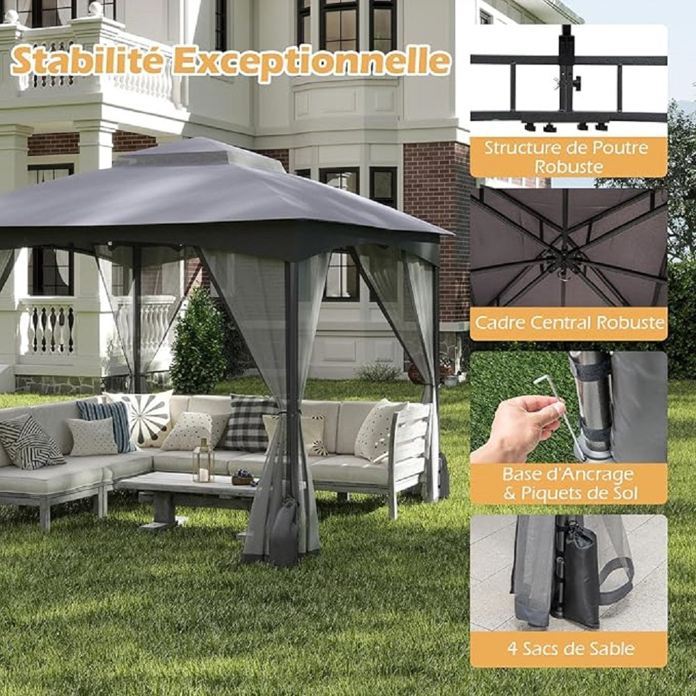 Tuinpaviljoen – Tuinhuisje – Tuinveranda – Terrasoverkapping – Pergola – 3x3 Meter – Stevig Metalen Frame – Ventilerend Dubbel Dak