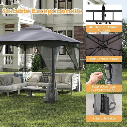Tuinpaviljoen – Tuinhuisje – Tuinveranda – Terrasoverkapping – Pergola – 3x3 Meter – Stevig Metalen Frame – Ventilerend Dubbel Dak