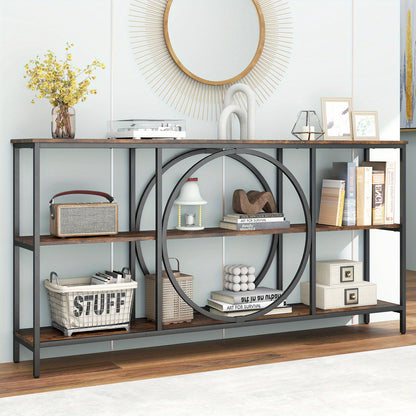 Mid-Century Halbank – Sofa Tafel – Console Tafel – Opbergtafel – Halmeubel – Stevig Metalen Frame – 3 Opbergniveaus – Extra Lang Faux Hout – Rustiek Bruin