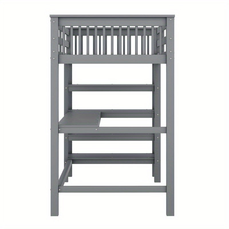 Hoogslaper – Loftbed – Stapelbed – Kinderbed – Eenpersoonsbed – Met Bureau en Opbergrekken – Metalen Stijlvol Frame – Ruimtebesparend Design – Grijs – Stevig en Duurzaam