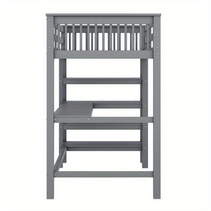 Hoogslaper – Loftbed – Stapelbed – Kinderbed – Eenpersoonsbed – Met Bureau en Opbergrekken – Metalen Stijlvol Frame – Ruimtebesparend Design – Grijs – Stevig en Duurzaam