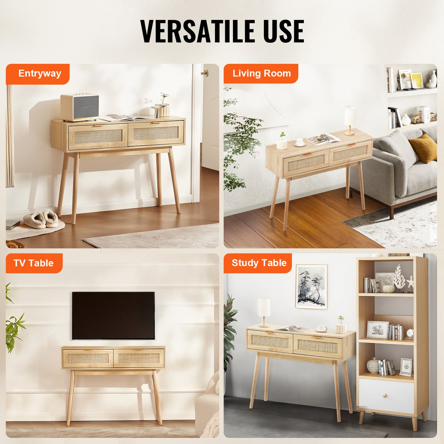 Sidetable – Wandtafel – Console – Haltafel – Bijzettafel – Natuurlijk Rattan – 2 Laden – Duurzaam MDF
