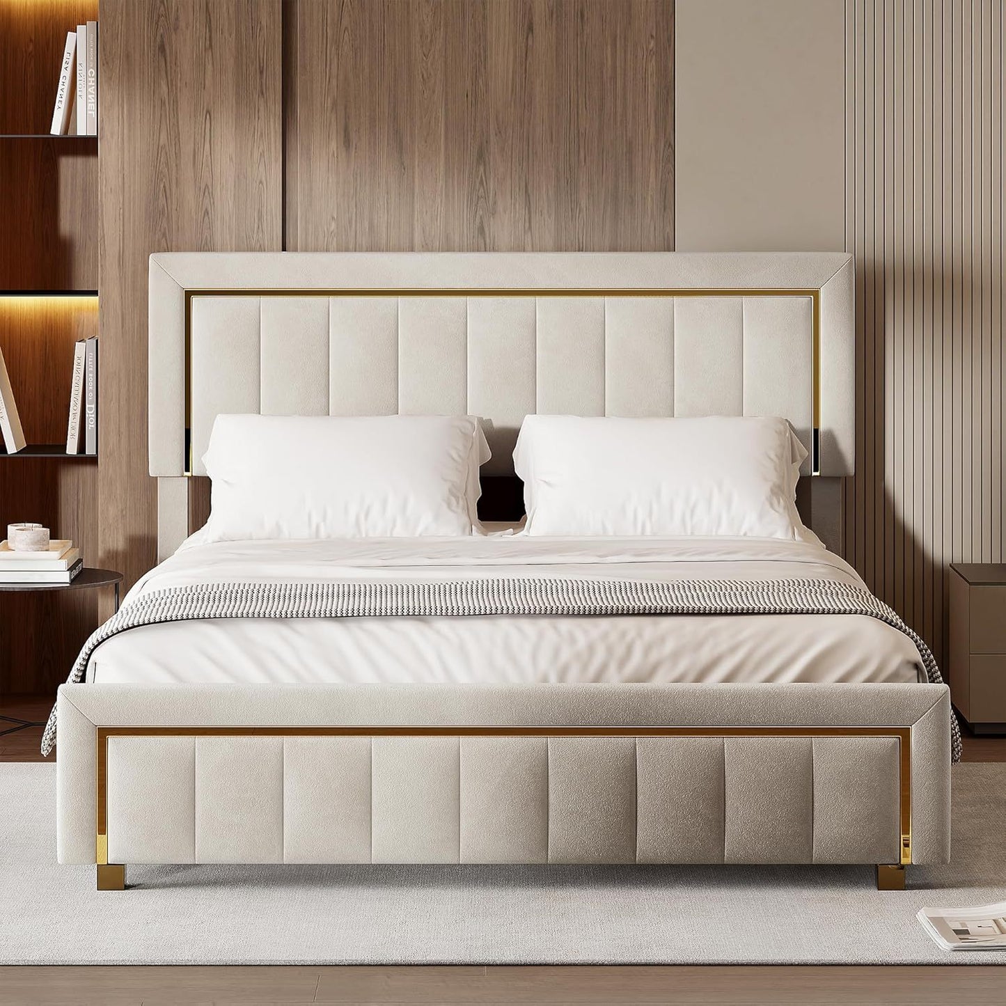Beige Velvet Bed – Opbergbed – Bedframe – Tweepersoonsbed – Slaapkamerbed – 160x200 cm – Hydraulische Opbergruimte – Houten Lattenbodem