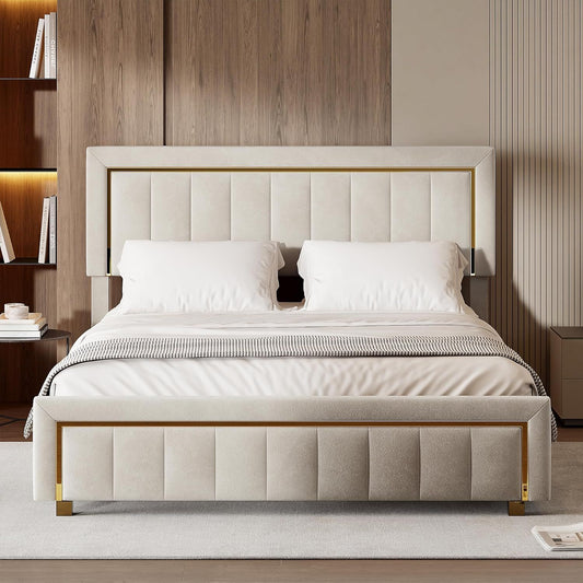 Beige Velvet Bed – Opbergbed – Bedframe – Tweepersoonsbed – Slaapkamerbed – 160x200 cm – Hydraulische Opbergruimte – Houten Lattenbodem