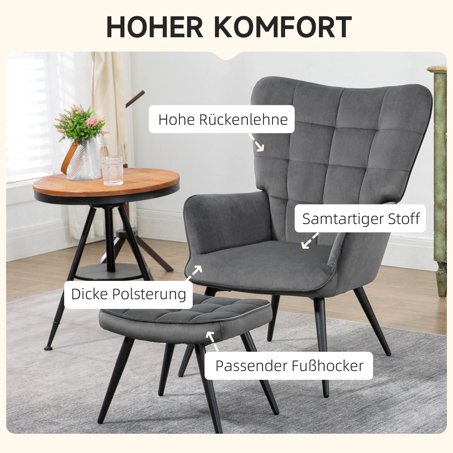 Loungefauteuil – Loungestoel – Relaxfauteuil – Fauteuil – Zithoekstoel – Hoog Draagvermogen 120 kg – Fluweelachtige Bekleding Donkergrijs