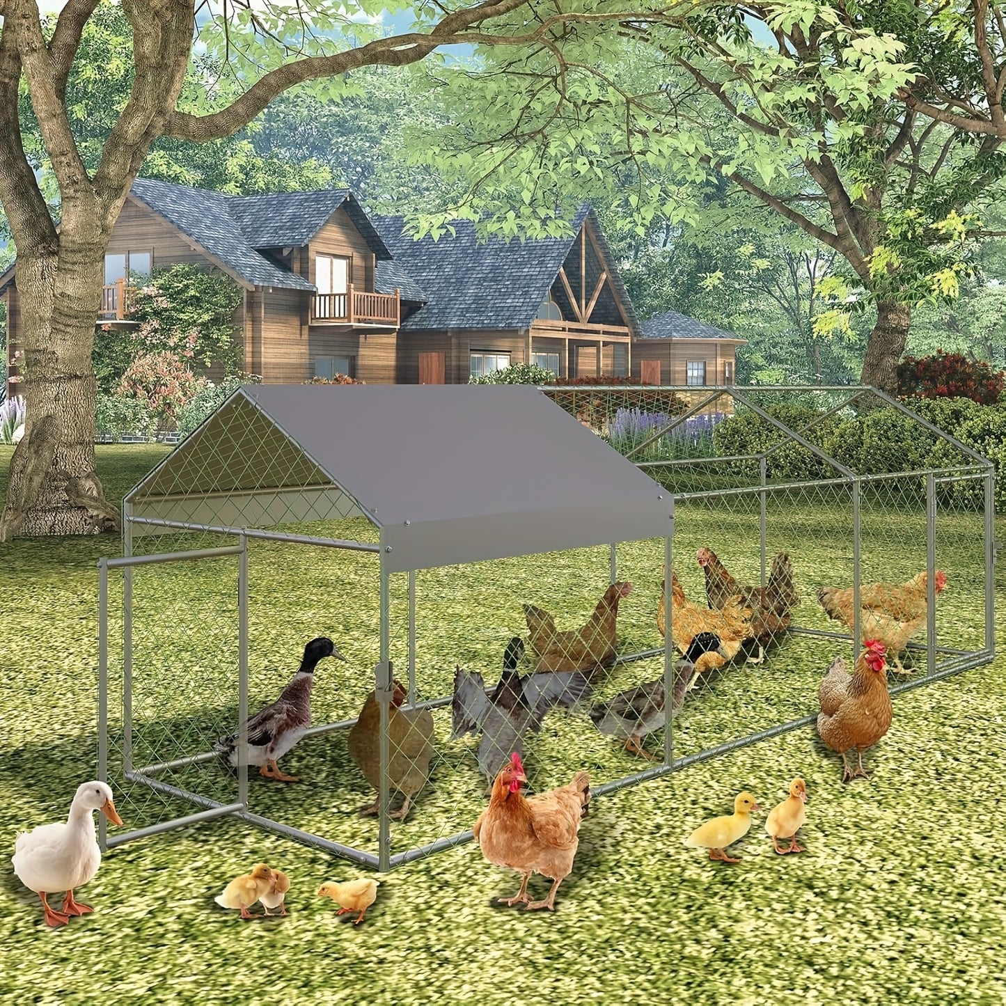 Kippenren – Kipren – Pluimveren – Buitenren – Dierenren – Metaal – Waterdicht Dak – 3,05 x 1,02 x 1,02 m – UV-Bestendig – Voor 12-20 Kippen – Silvery