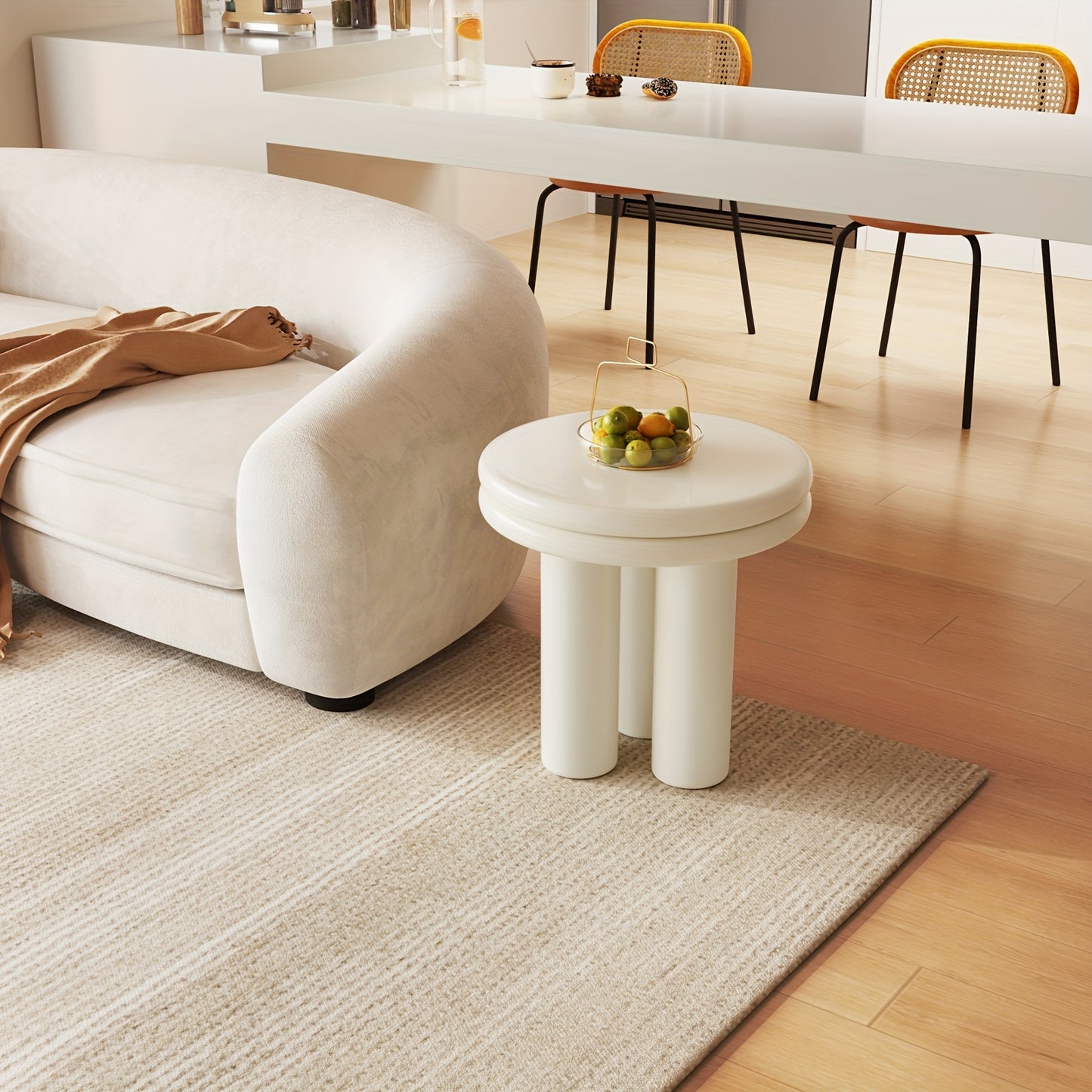 Bijzettafel – Sofa Tafel – Sidetable – Nachtkastje – Salontafel – Massief Hout – Compact Rond Design – Roomwit Afwerking – Minimalistisch – Stevig