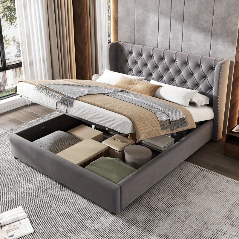 Packaged bed in the shape of a velvet double bed 140190 Hydraulic functional bed with slatted base and gray storage space