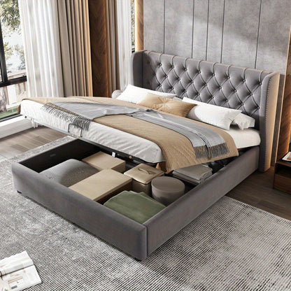 Packaged bed in the shape of a velvet double bed 140190 Hydraulic functional bed with slatted base and gray storage space