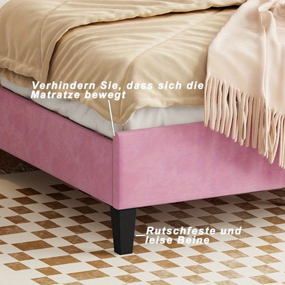 Tweepersoonsbed – Bedframe – Slaapbank – Logeerbed – Bed 140x200 cm – Roze Velours Stoffering – Gevlochten Lattenbodem
