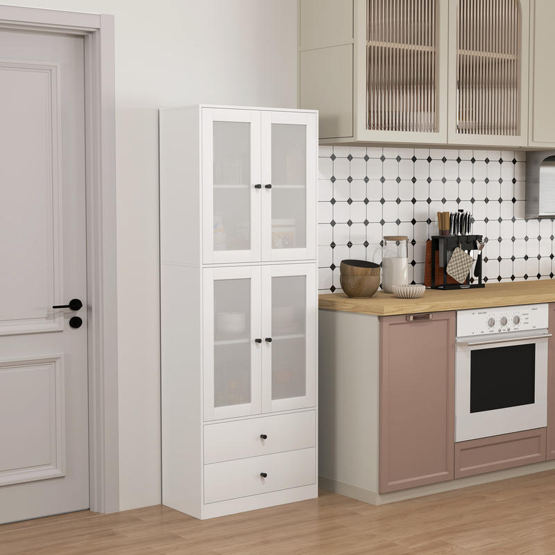 Kitchen Cabinet with Drawers And Glass Doors, Melamine Surface, White