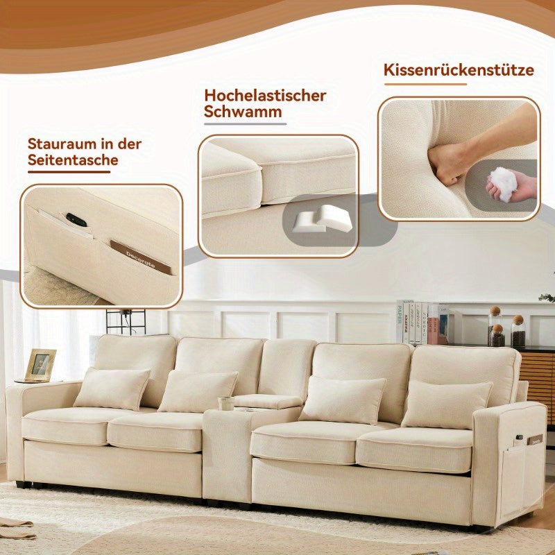Bankstel – 4-Zitsbank – Zitbank – Hoekbank – Slaapbank – Modern Linnen – Console Met 2 Bekerhouders – Opbergruimte In Armleuning