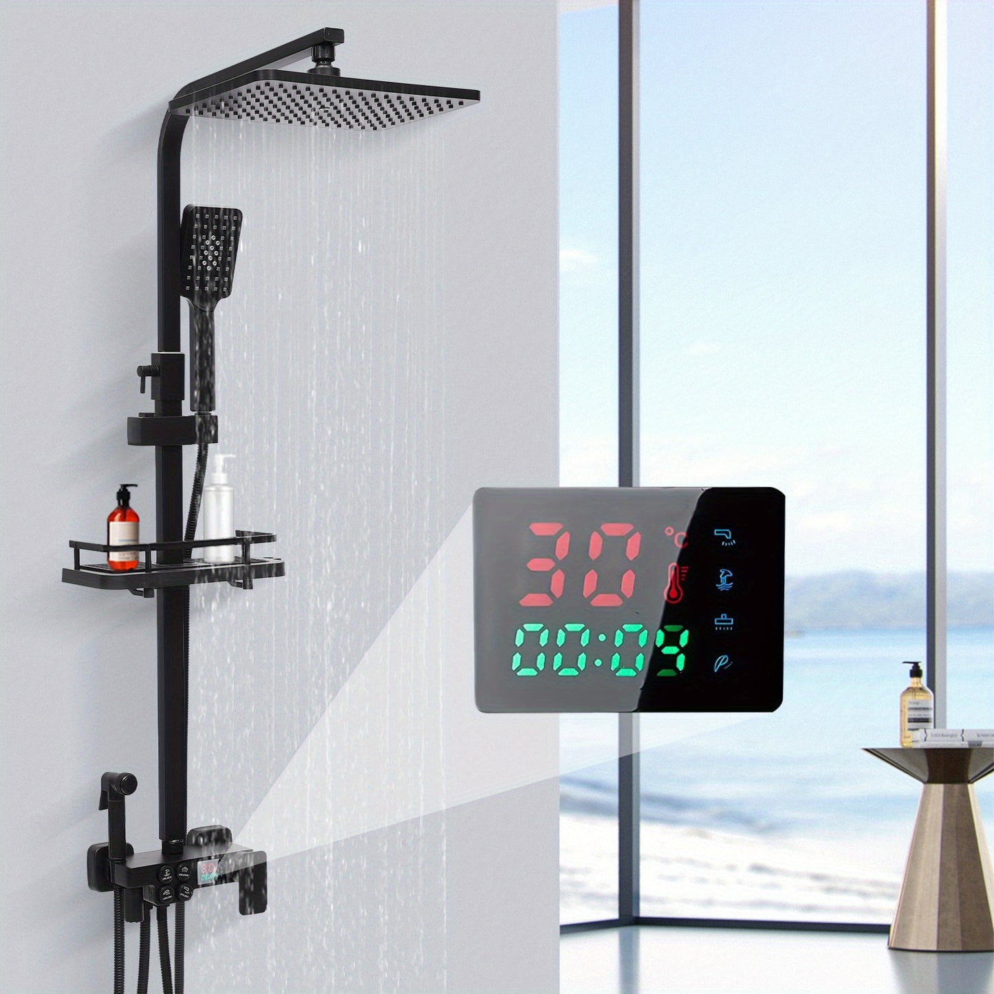 Regendouche – Douche Set – Doucheset – Douchesysteem – Handdouche – Mat Zwart – Roestvrij Staal – Verstelbare Hoogte – Ingebouwde Opbergrek