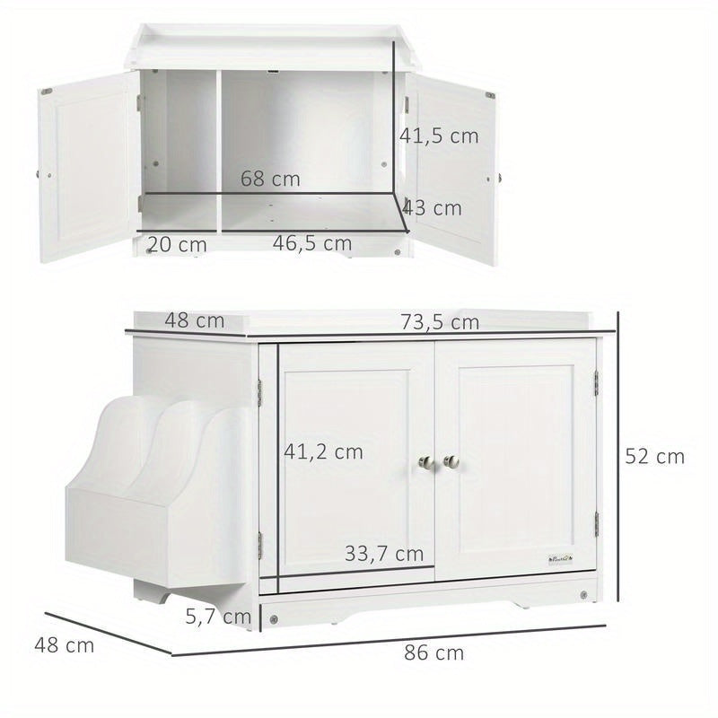 1-in-1 White Modern Cat Litter Box & House with ic Double Door, Odor-Control Shelf & Large Lower Storage - Spacious All-in-One Pet Furniture, 86x48x52cm, Easy Assembly-Free Setup, Perfect Gift for Cat Owners (No Odor Masker)