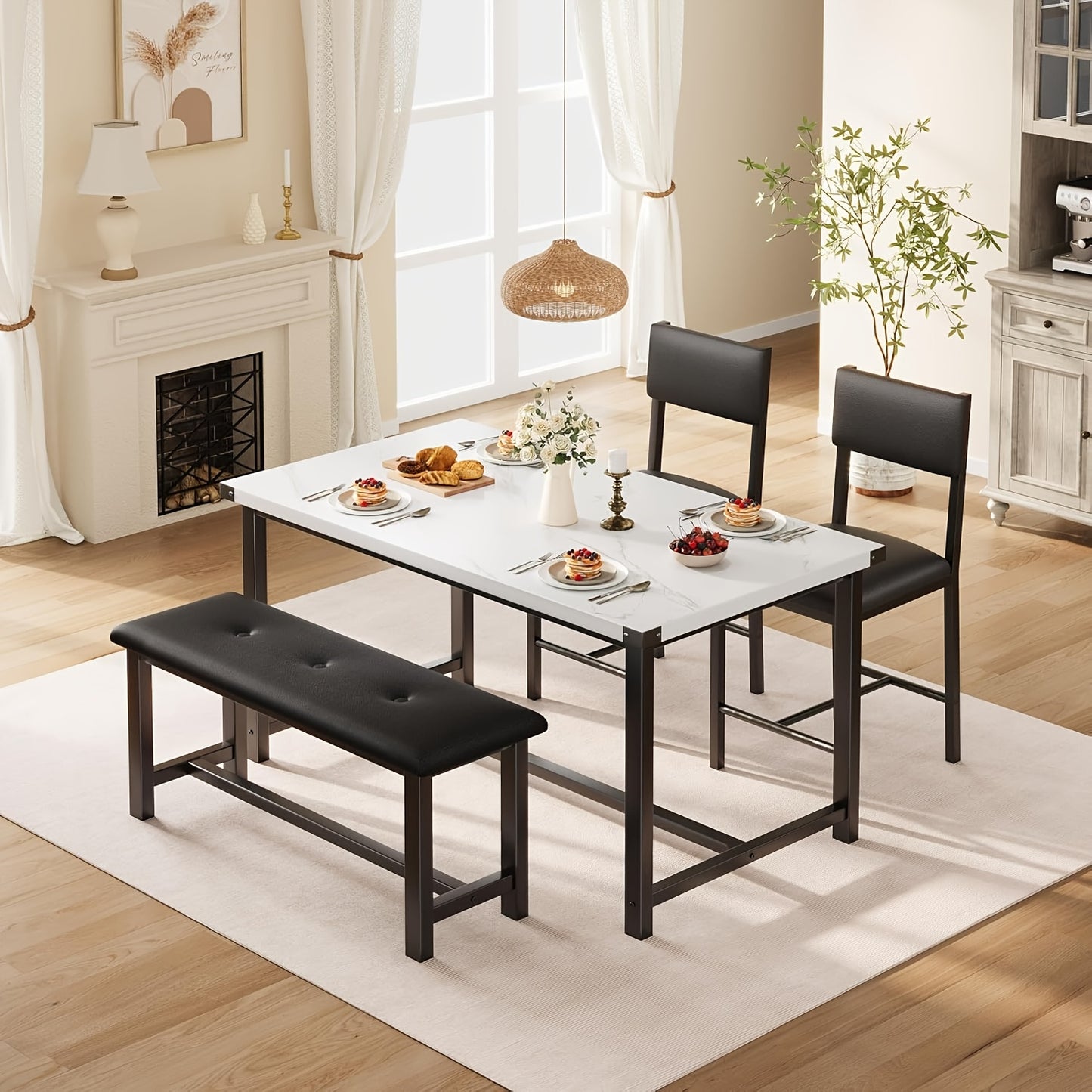 Eettafelset – Eettafel – Stoelenset – Bank – Tafel met Stoelen – Wit Kunstmarmer Blad – Compact 4-Zits – Duurzaam Houten Frame