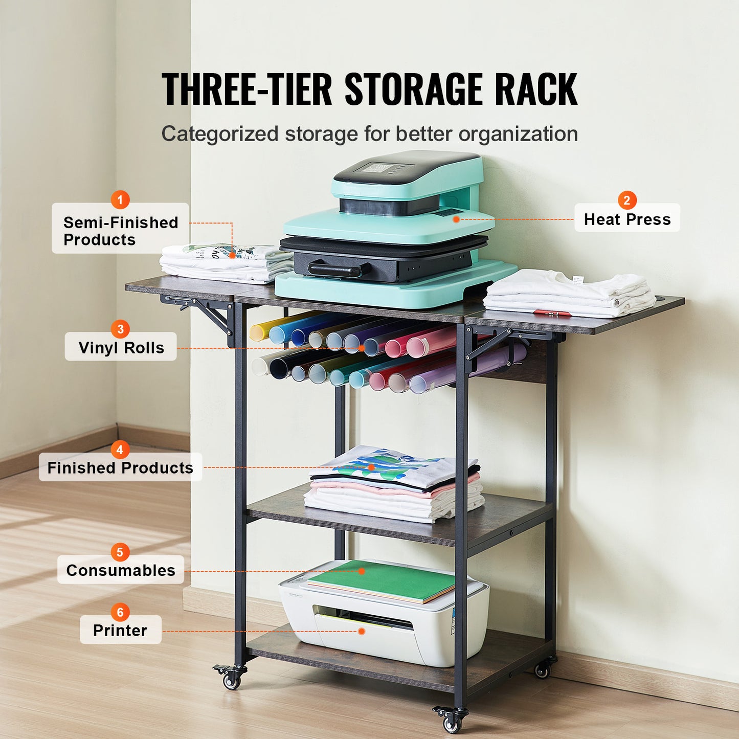 Transferpers Werktafel – Hittepers Tafeltje – Warmte Pers – Heat Press Stand – Opbergbureau – 3-Laags Opbergniveau – Inklapbare Zijpanelen – Stevige Metalen Constructie – Mobiel Met Wieltjes – Bruin