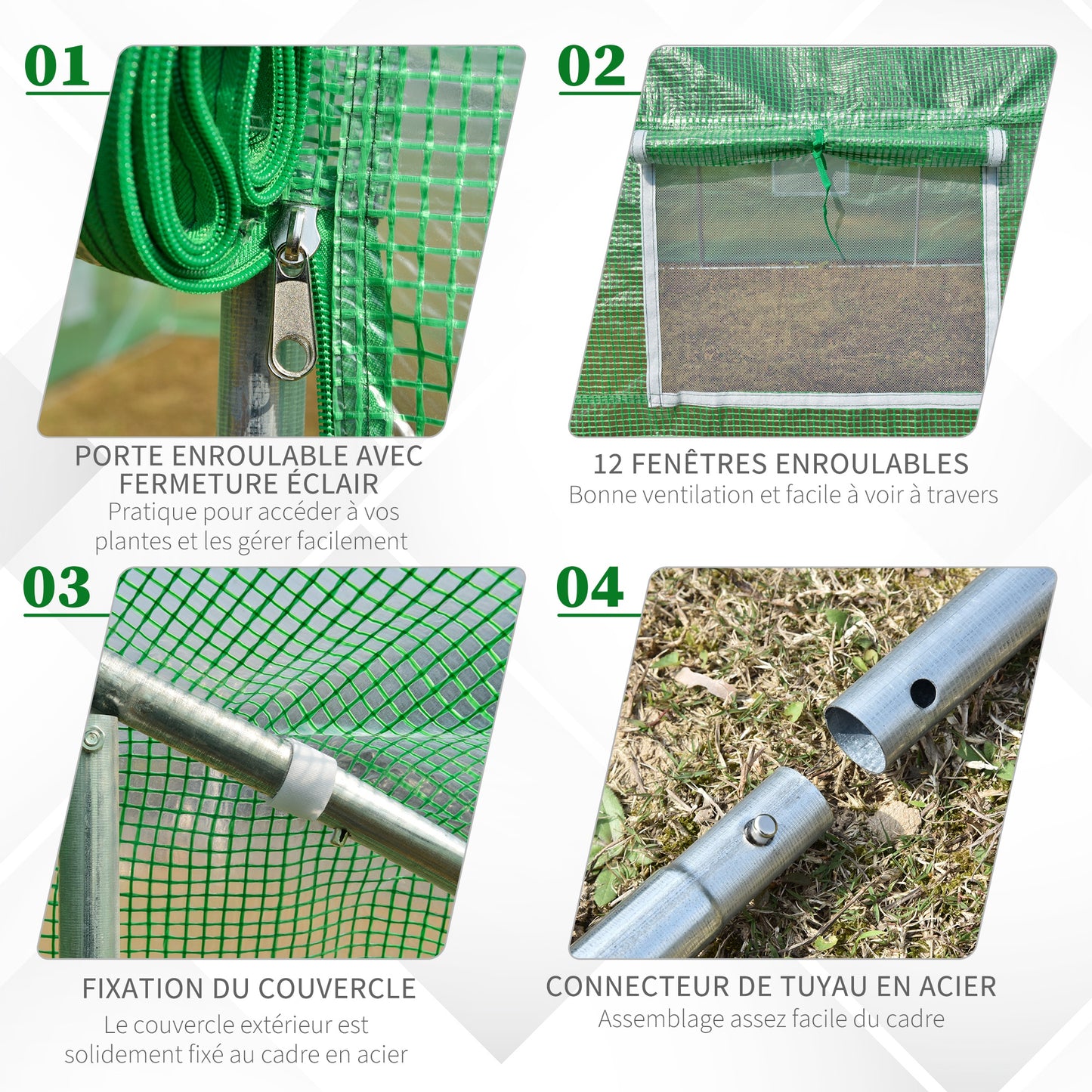 Outsunny Garden Greenhouse Tunnel 24 Large Size 8 x 3 x 2 m with PE Tarpaulin, 24mm Galvanized Steel Frame, Roll-up Door and 12 Green Windows