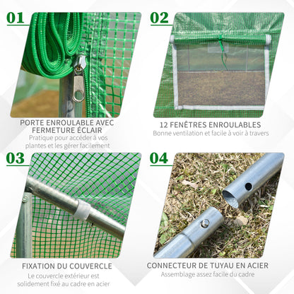 Outsunny Garden Greenhouse Tunnel 24 Large Size 8 x 3 x 2 m with PE Tarpaulin, 24mm Galvanized Steel Frame, Roll-up Door and 12 Green Windows