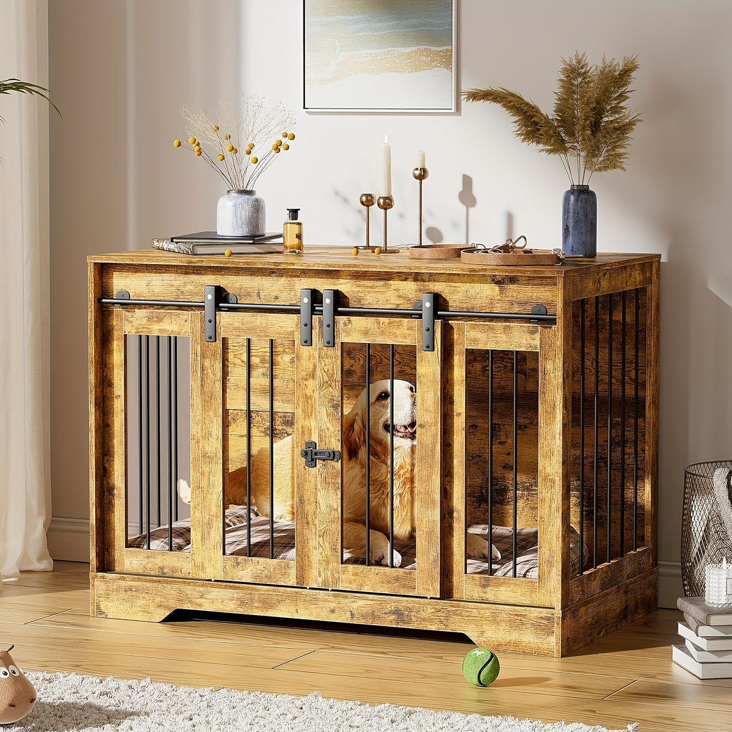 Houten Hondenbench – Hondenhok – Huisdier Bench – Hondenkooi – Dierenren – Oversized Met Vier Schuifdeuren – Ruime Binnenruimte Met Scheidingswand