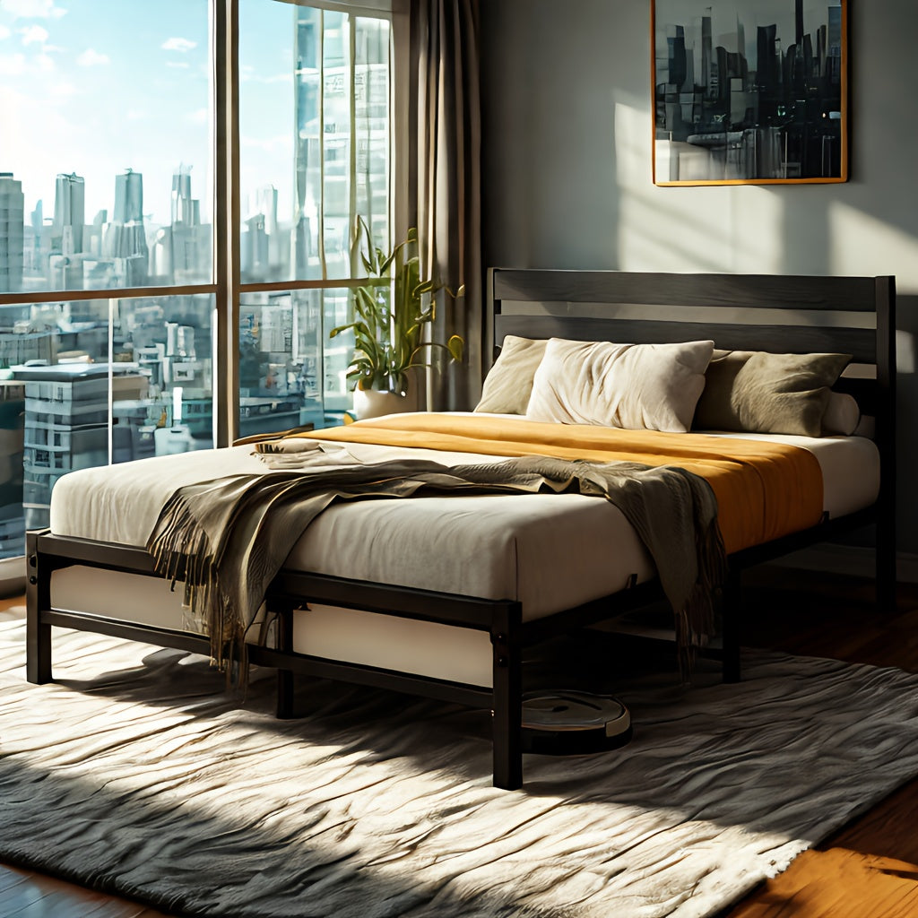 Bedframe – Metalen Bed – Tweepersoonsbed – Slaapbank – Logeerbed – Zwart – 140x200 cm – Stabiel Met Hoog Hoofdeinde – Lattenbodem Inclusief