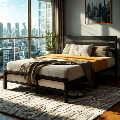 Bedframe – Metalen Bed – Tweepersoonsbed – Slaapbank – Logeerbed – Zwart – 140x200 cm – Stabiel Met Hoog Hoofdeinde – Lattenbodem Inclusief