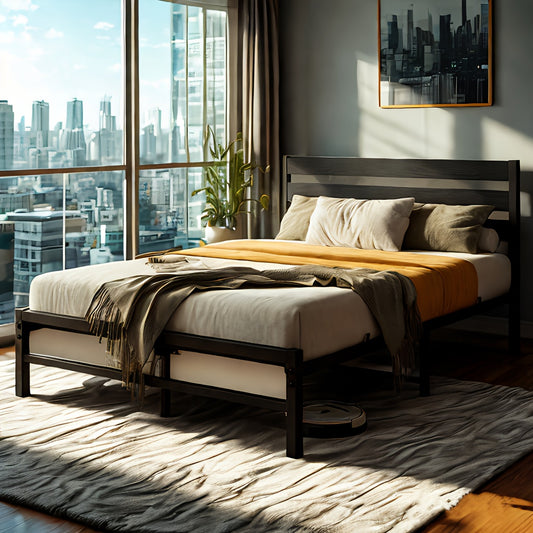 Bedframe – Metalen Bed – Tweepersoonsbed – Slaapbank – Logeerbed – Zwart – 140x200 cm – Stabiel Met Hoog Hoofdeinde – Lattenbodem Inclusief