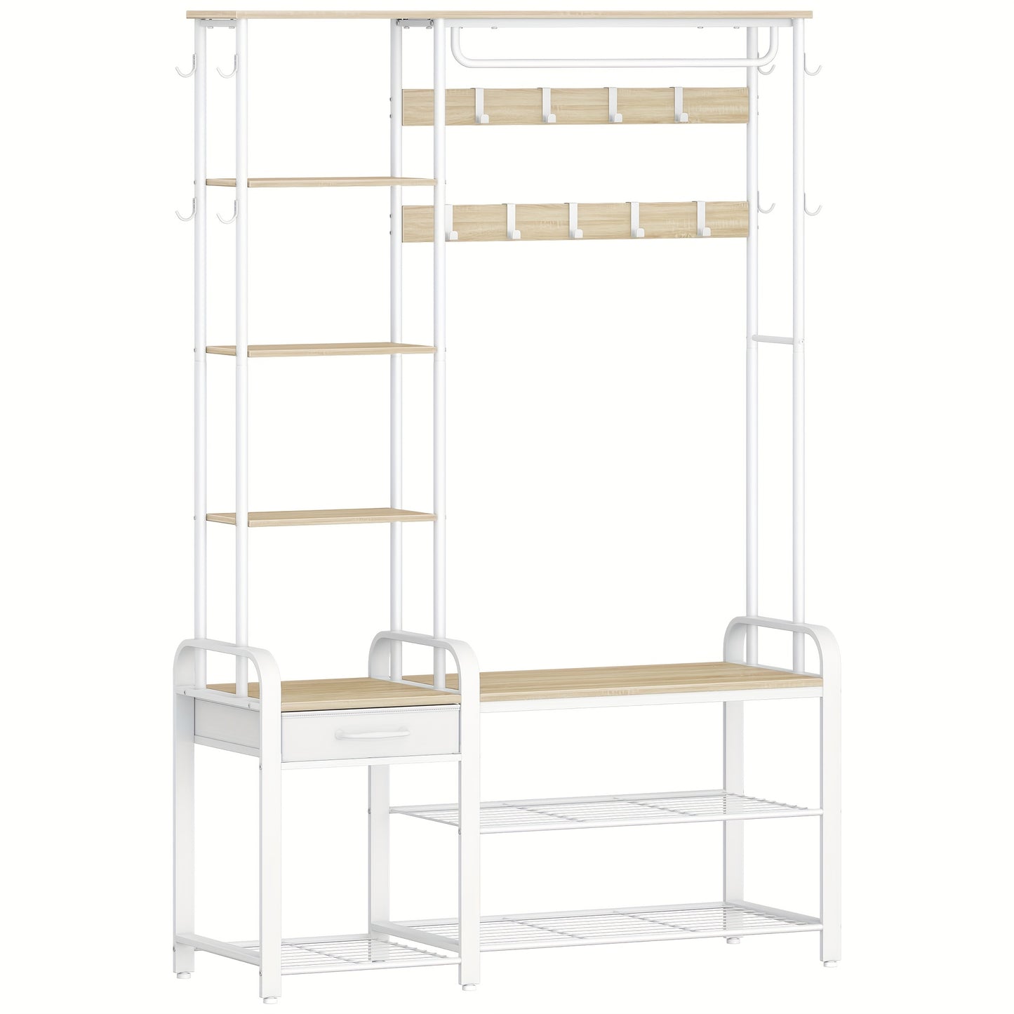 Kapstok – Jassenrek – Schoenenbank – Garderoberek – Wandkapstok – 5-in-1 Multifunctioneel – Stevig Metaal & Houten Platen – 120x40x182 cm – Draagvermogen 90 kg