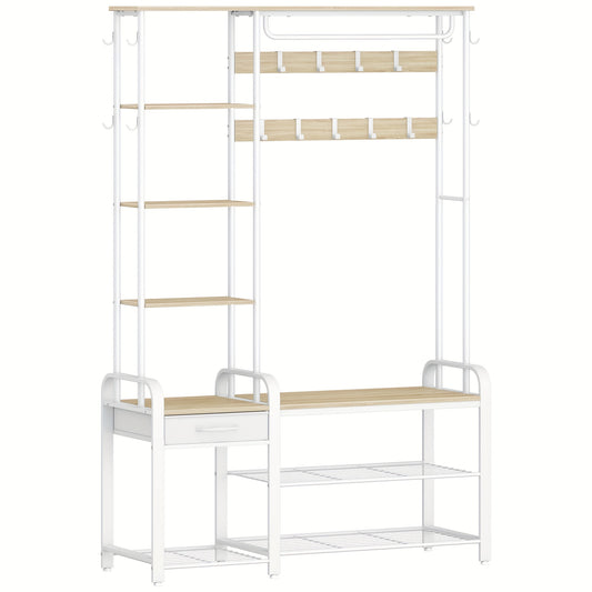 Kapstok – Jassenrek – Schoenenbank – Garderoberek – Wandkapstok – 5-in-1 Multifunctioneel – Stevig Metaal & Houten Platen – 120x40x182 cm – Draagvermogen 90 kg