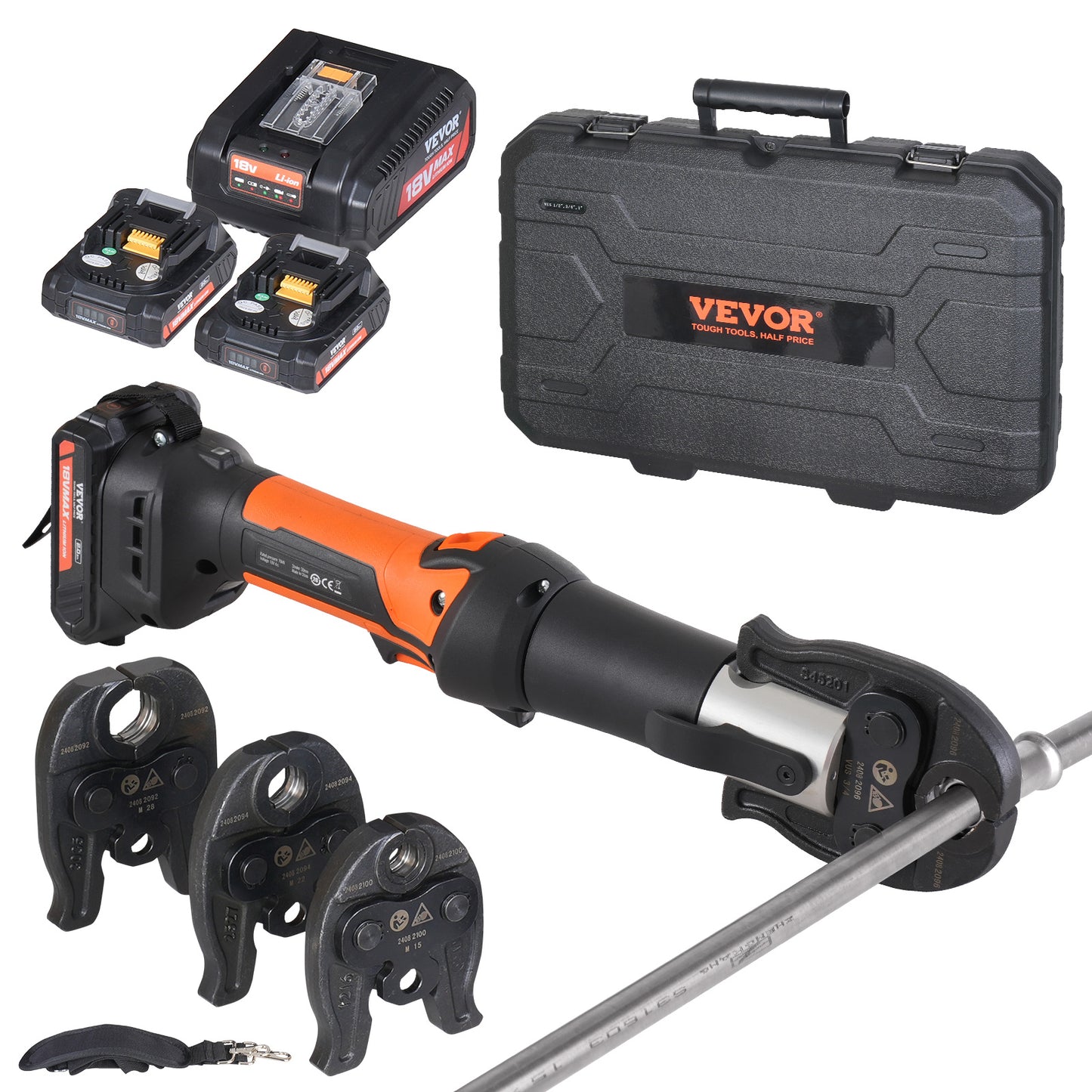 Elektrisch Persgereedschap – Persmachine – Buisklemmen – Pijpklem – Crimptool – 360° Draaibare Kop – 2x 18V Lithium-Ion Accu