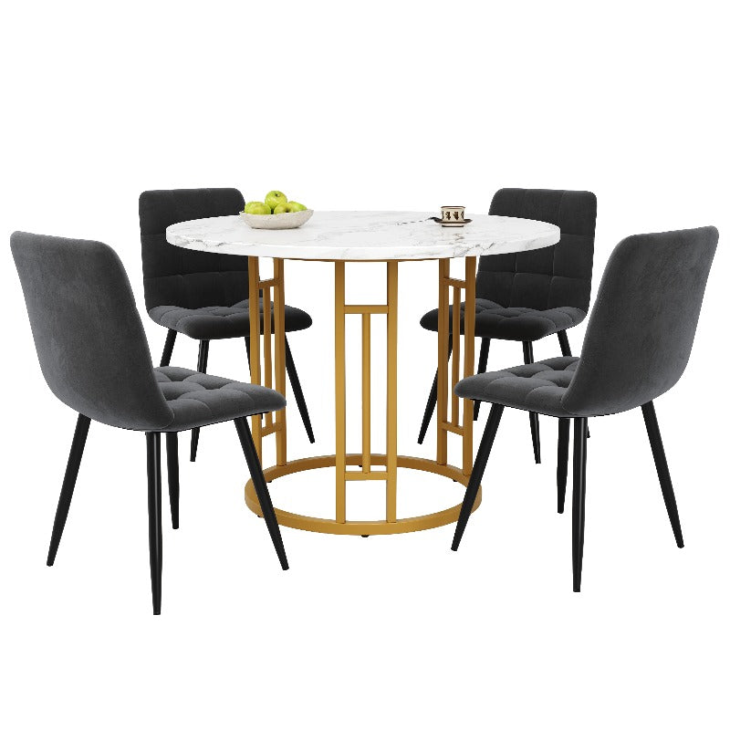 Eettafelset – Eethoek – Diningset – Keukentafelset – Zitgroep – Ronde Tafel 80 cm – MDF Marmerlook Blad – Gouden Metalen Poten – Grijze Comfortabele Stoelen