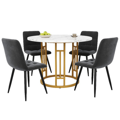 Eettafelset – Eethoek – Diningset – Keukentafelset – Zitgroep – Ronde Tafel 80 cm – MDF Marmerlook Blad – Gouden Metalen Poten – Grijze Comfortabele Stoelen