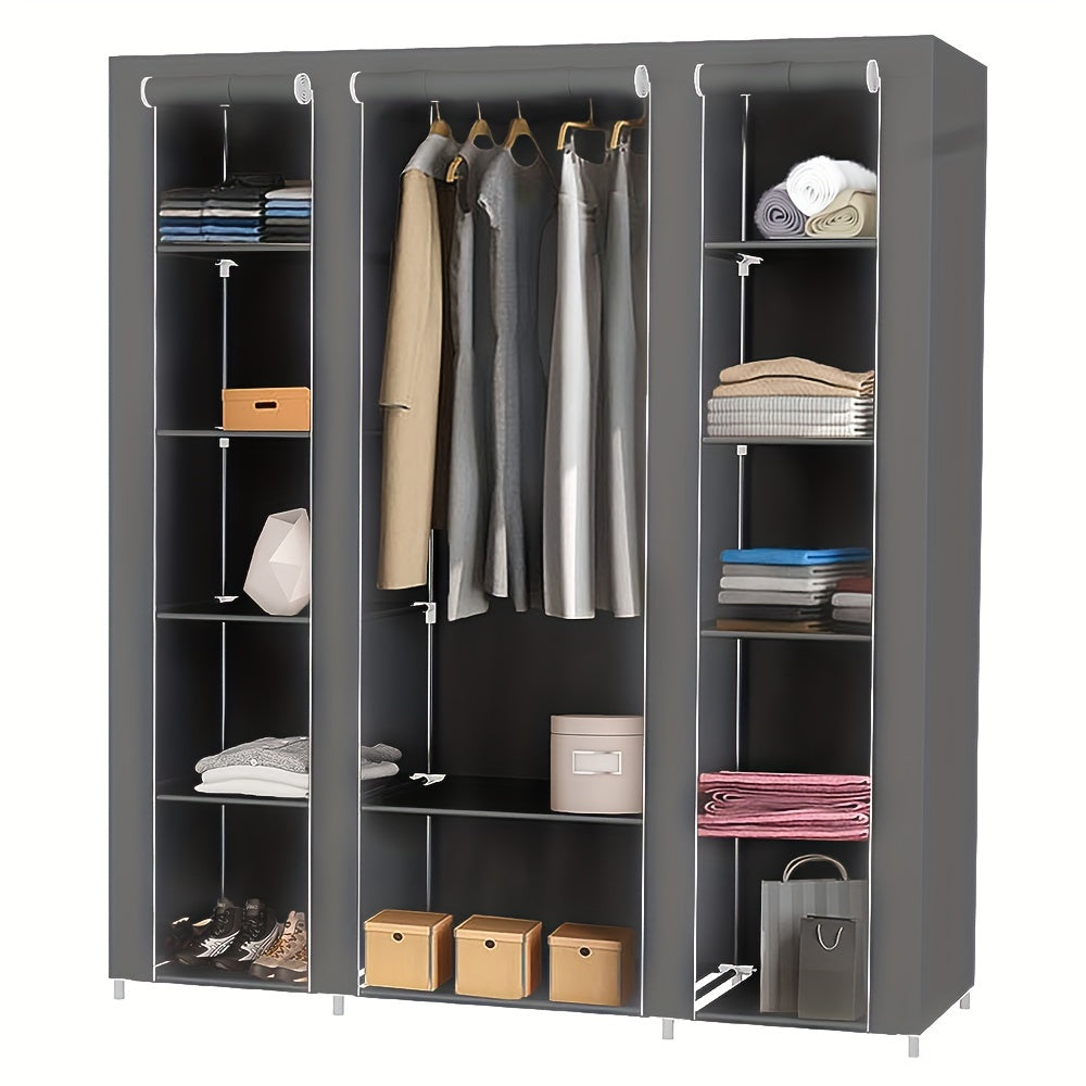 Closet Wardrobe, Clothes Storage Organizer For Hanging Clothes Non-Woven Fabric Cover, 172x134x43cm Closet Organizer For Bedroom Gray