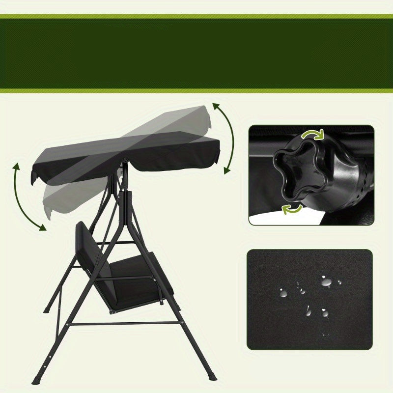 3-zits Tuinschommel – Tuinbank Schommelstoel – Buitenbank Schommel – Terrasschommel – Tuinmeubel Schommel – Verstelbaar Dak – Stabilisator Stalen Frame – Zwart – 172x110x153 cm