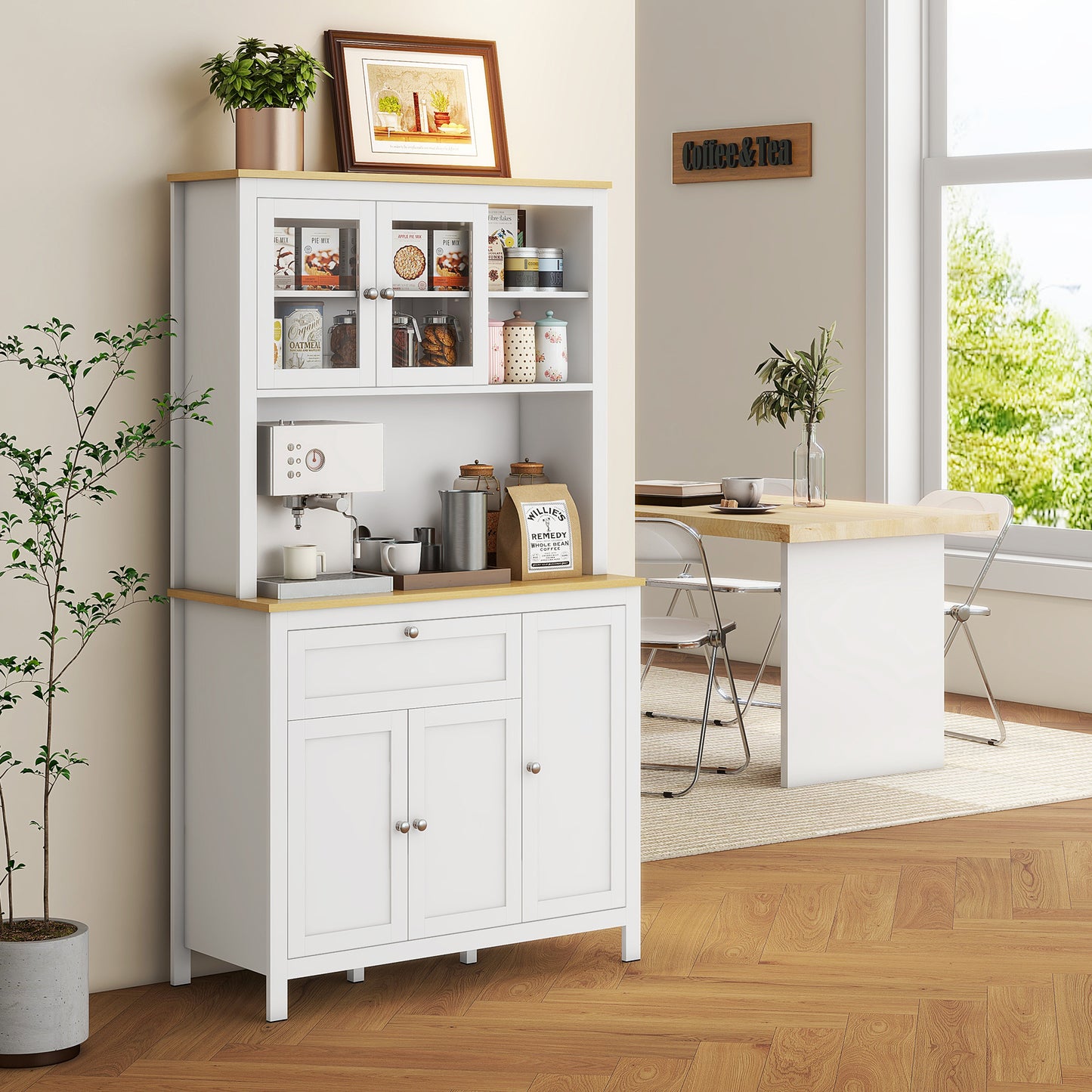 Keukenkast – Keukenbuffet – Vitrinekast – Opbergkast – Hoge Kast – 5 Deuren Inclusief 2 Glazen Deuren – Met Lade En Kabeldoorvoer – 180 cm Hoog – Witte MDF Afwerking