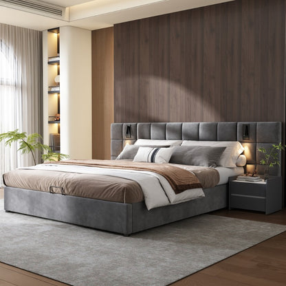 Uitschuifbed – Opbergbed – Bed Met Opbergruimte – Slaapbed – Velours Bed – 180x200cm – Hydraulische Opbergruimte – Verstelbare Lamp