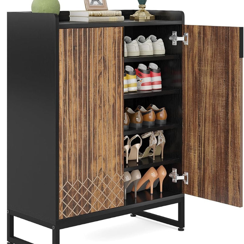 Schoenenkast – Schoenenrek – Schoenopberger – Schoenenkastje – Schoenmeubel – Smal Design – Hout Met Metaal – 25 Paar – Moderne Witte Kast Met Gouden Details