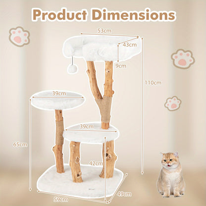 Krabpaal Kat – Kattenboom – Krabmeubel – Klimpaal – Kattenklimtoren – Massief Perenhout – Jute Krabpalen – 111 cm Hoog – Zachte Pluche Ligplekken