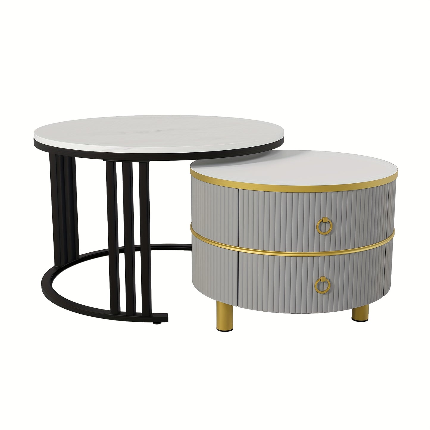 2-in-1 MDF Round Coffee Table with Glossy Finish & 1 Side Table with White Marble Top - Contemporary Living Room Coffee Table Set with 2 Drawers, 70x70x46cm, 50x50x40cm, Metal Frame, No Assembly Required, Coffee Table for Liv