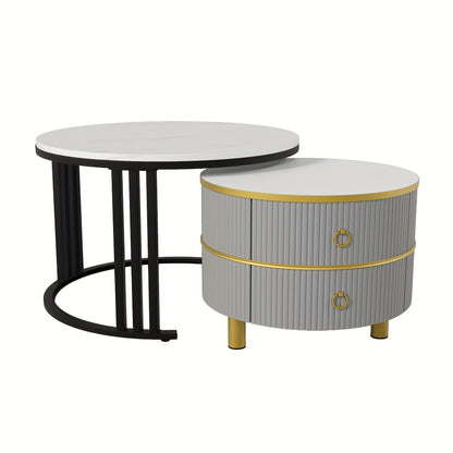2-in-1 MDF Round Coffee Table with Glossy Finish & 1 Side Table with White Marble Top - Contemporary Living Room Coffee Table Set with 2 Drawers, 70x70x46cm, 50x50x40cm, Metal Frame, No Assembly Required, Coffee Table for Liv
