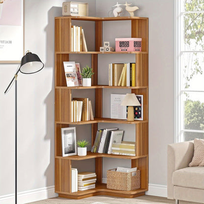 Boekenkast – Boekenrek – Opbergkast – Vakkenkast – Stellingkast – 6-laags Hoekontwerp – Stevig MDF Notenhout – Anti-val Panelen – 165 cm Hoog